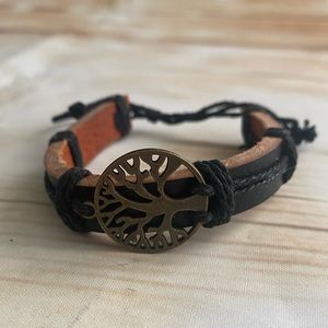 Unisex Genuine Leather Black Bracelet decorated with Tree of Life